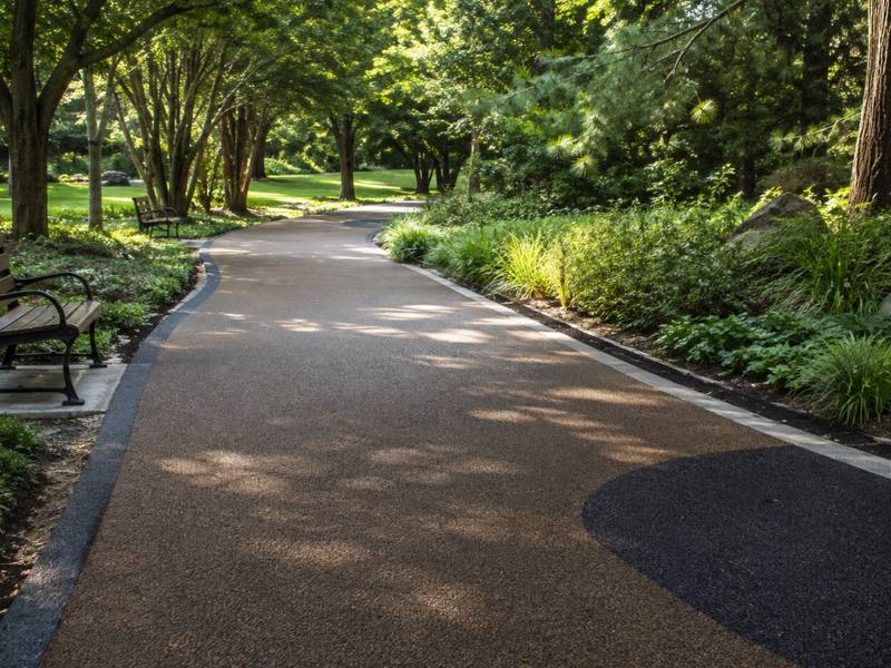 Park walking path near Nanaimo finished in poured rubber surfacing between the trees.