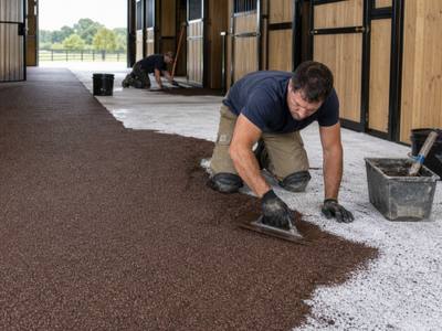 Rubber surfacing being laid in a barn aisle