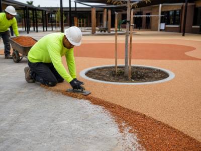 Tan rubber surfacing spread in a school courtyard