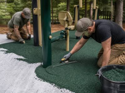 Green rubber going in around outdoor gym equipment