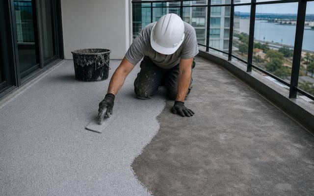 Installer in a hard hat troweling rubber surfacing on a high-rise balcony.