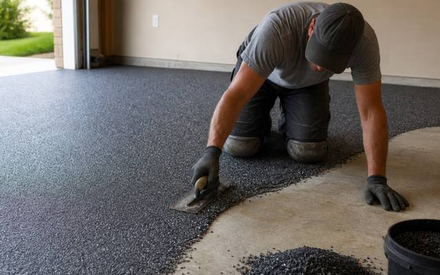 Installer kneeling to spread charcoal rubber surfacing across a garage floor.