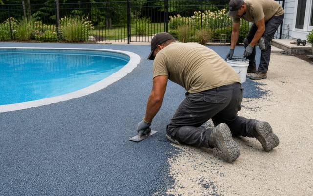 Sand-coloured rubber surfacing on a backyard pool deck at sunset in Nanaimo.