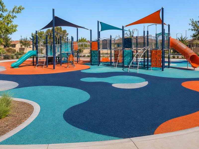 Community playground in Nanaimo with blue, orange and teal rubber surfacing under the climber.